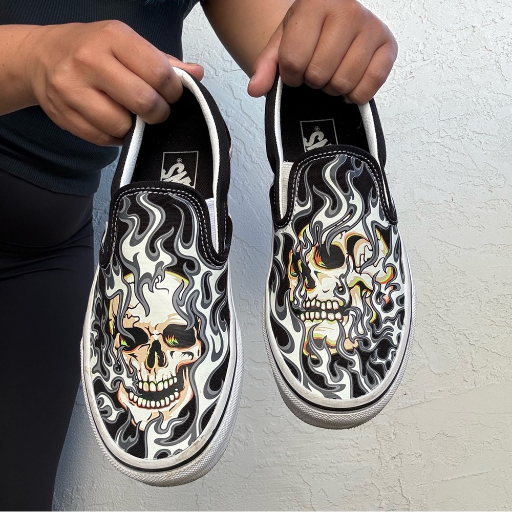 Vans Black and White Skull Slip-On Shoes